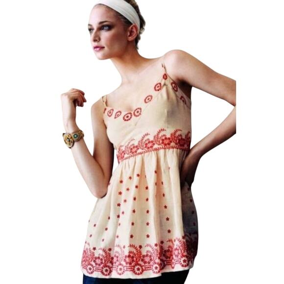 ANTHROPOLOGIE LITHE Women’s Linen Boho Embroidered babydoll tank - Picture 1 of 6